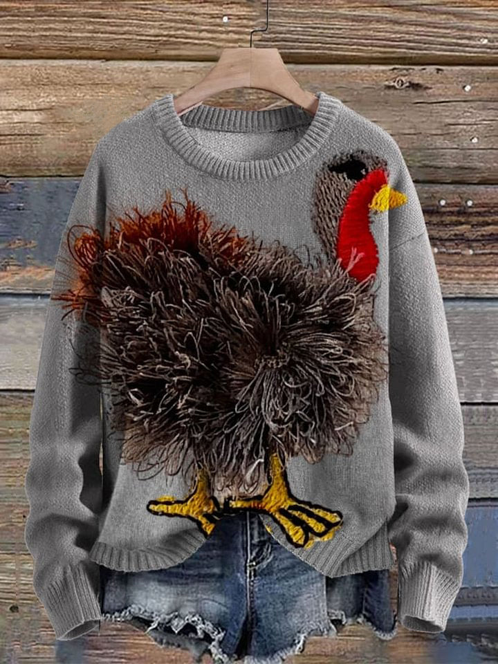 Funny Turkey Art Print Knit Pullover Sweater