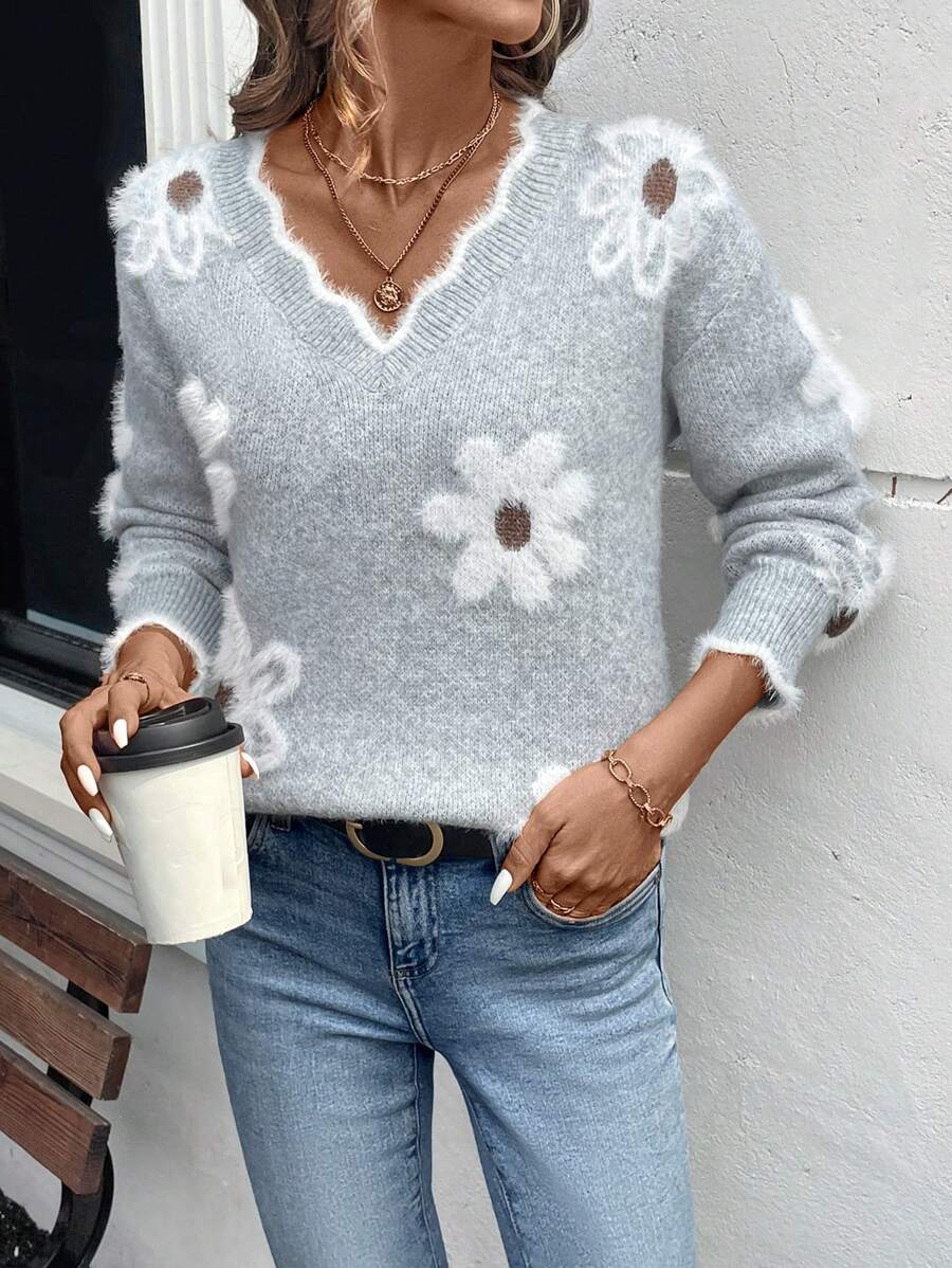 EMERY ROSE Women's Sweater with Elegant Graphic Shell Decoration of
Faux Fur and Flowers