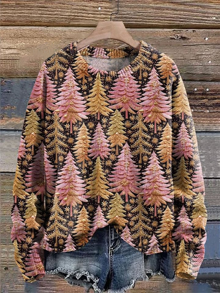 Pink Christmas Tree Winter Print Knit Pullover Sweater