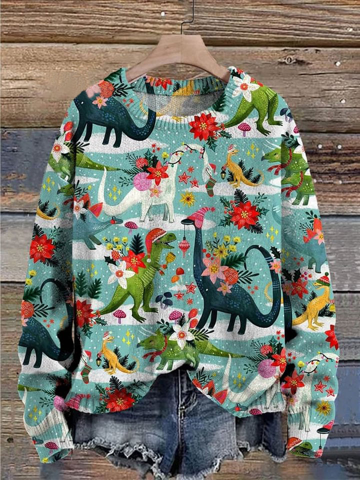 Cute Christmas Dinosaurs Floral Art Pattern Print Casual Knit Pullover Sweater