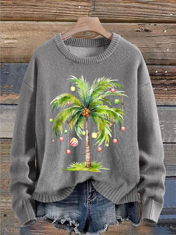 Hawaii Christmas Tree Print Knit Pullover Sweater
