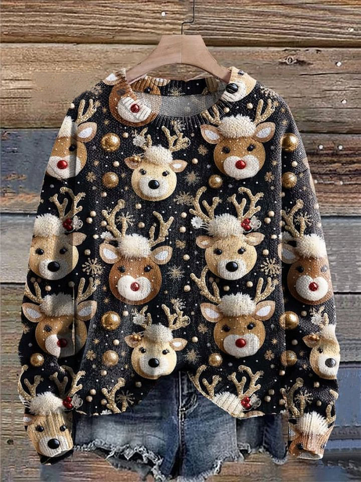 Christmas Reindeer Cute Reindeer Christmas Animals Print Knit Pullover Sweater