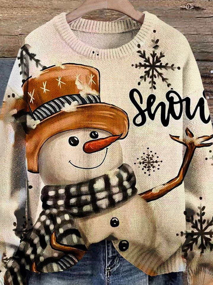 Snow Retro Christmas Print Knit Pullover Sweater