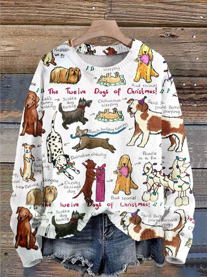 The Twelve Dogs Of Christmas Funny Dogs Christmas Print Knit Pullover Sweater