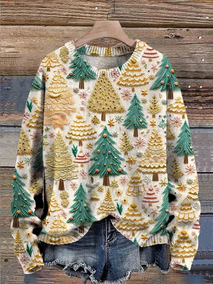 Christmas Tree Art Print Knit Pullover Sweater