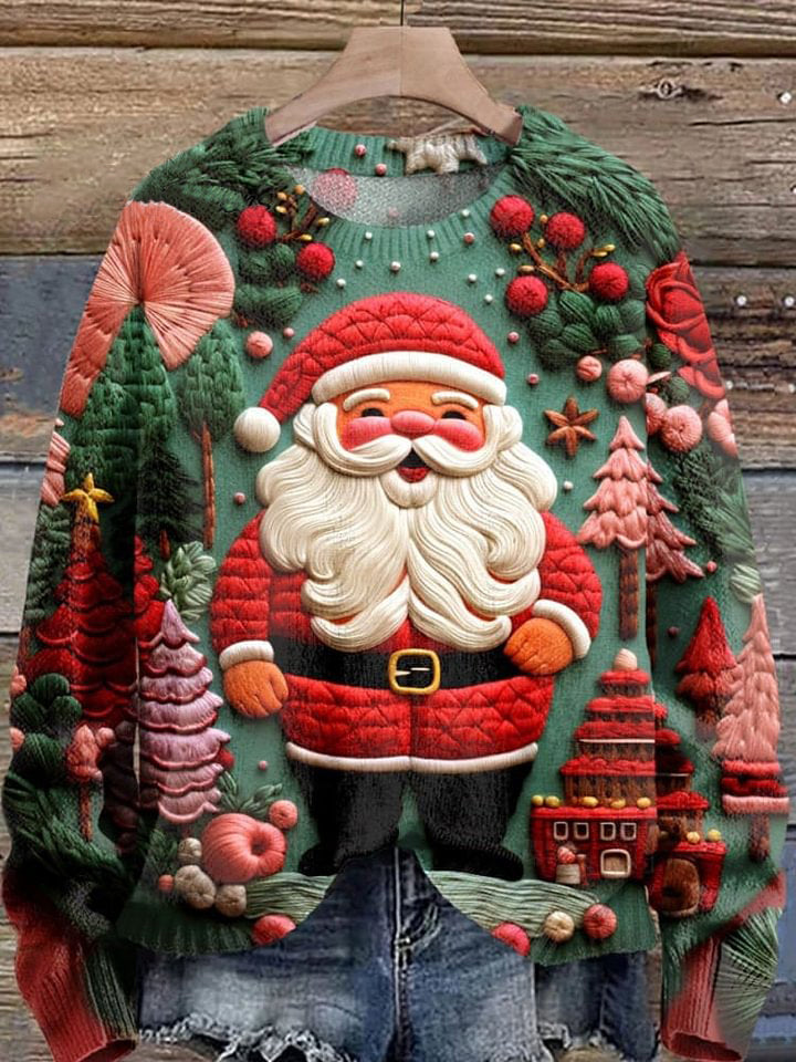 Christmas Santa Print Knit Pullover Sweater