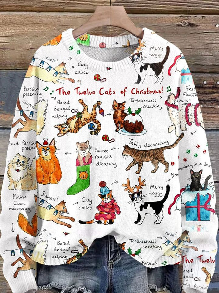 The Twelve Cats Of Christmas Funny Cat Christmas Print Knit Pullover Sweater
