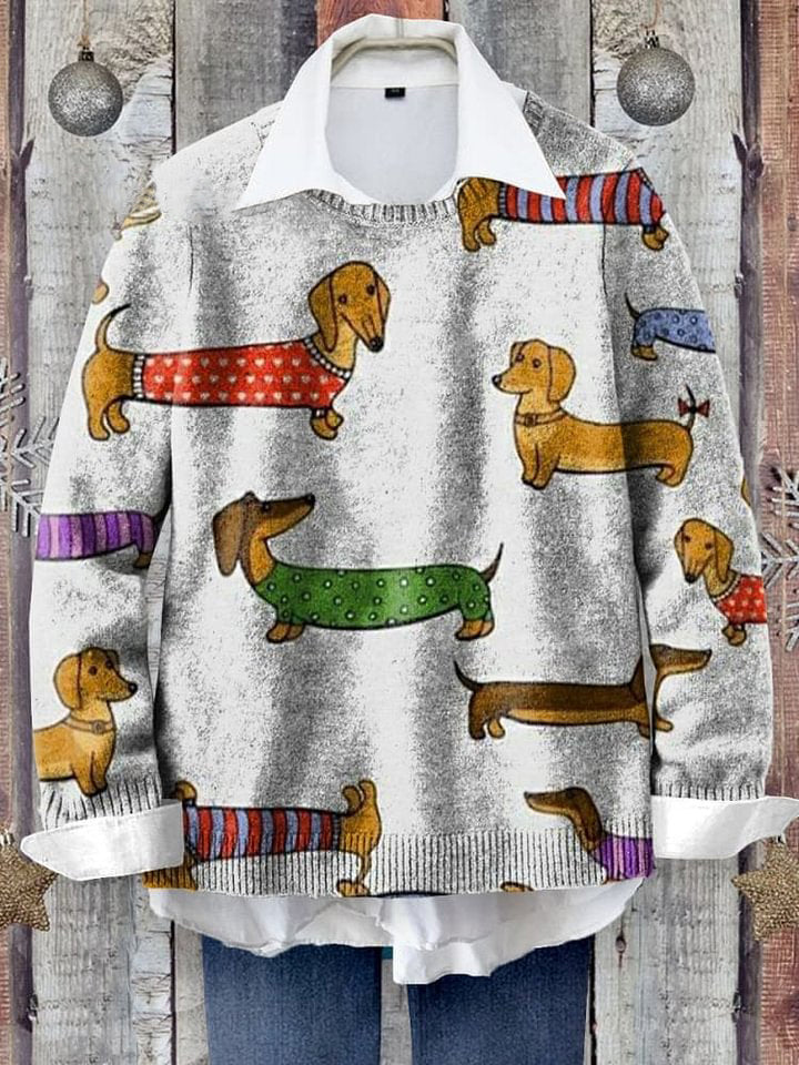 Cute Dachshund Art Print Knit Pullover Sweater