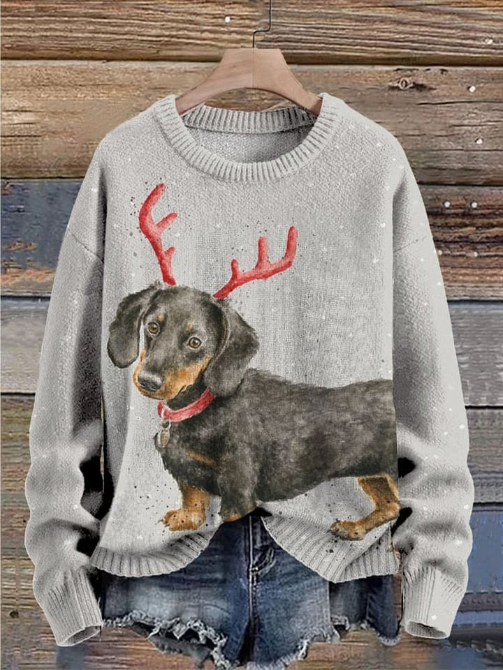 Christmas Dachshund Dog Print Knit Pullover Sweater