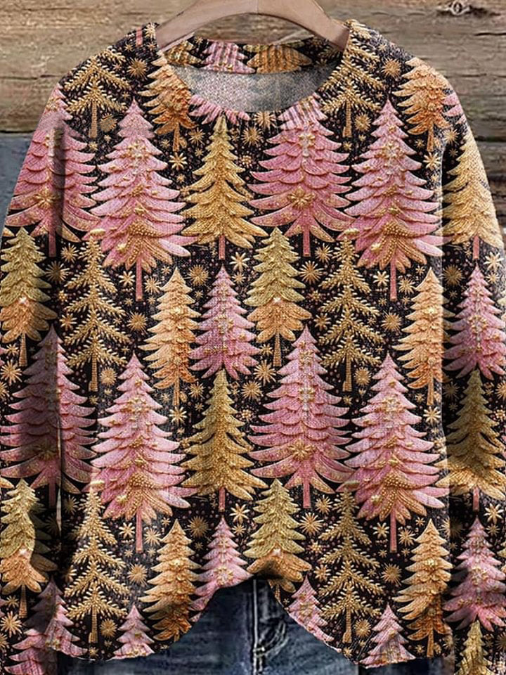 Pink Christmas Tree Winter Print Knit Pullover Sweater