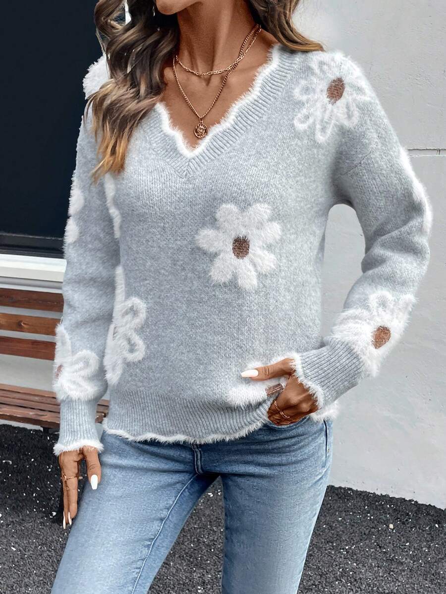 EMERY ROSE Women's Sweater with Elegant Graphic Shell Decoration of  
Faux Fur and Flowers