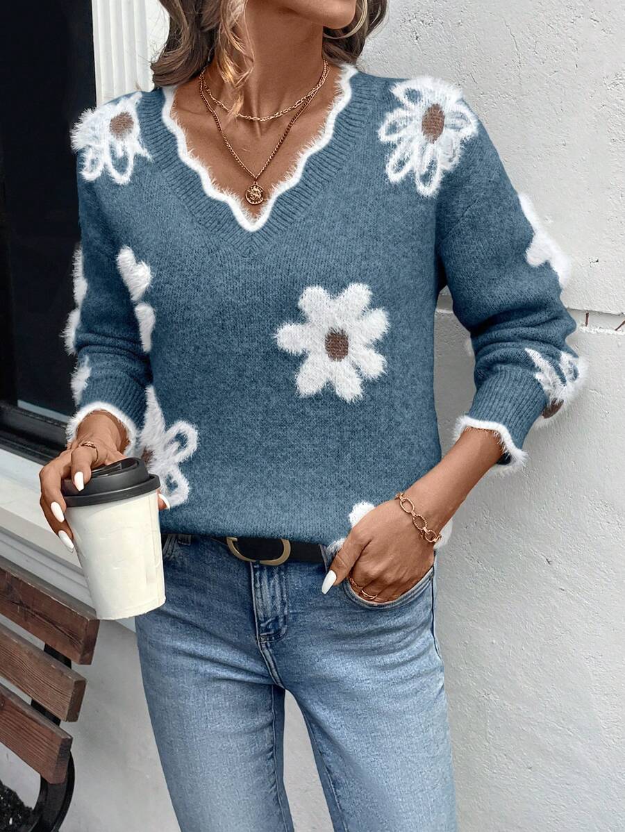 EMERY ROSE Women's Sweater with Elegant Graphic Shell Decoration of  
Faux Fur and Flowers