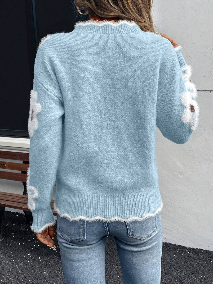 EMERY ROSE Women's Sweater with Elegant Graphic Shell Decoration of  
Faux Fur and Flowers