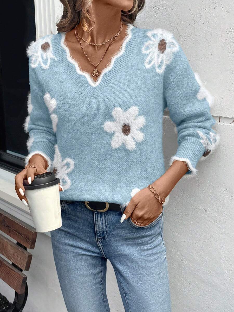 EMERY ROSE Women's Sweater with Elegant Graphic Shell Decoration of  
Faux Fur and Flowers