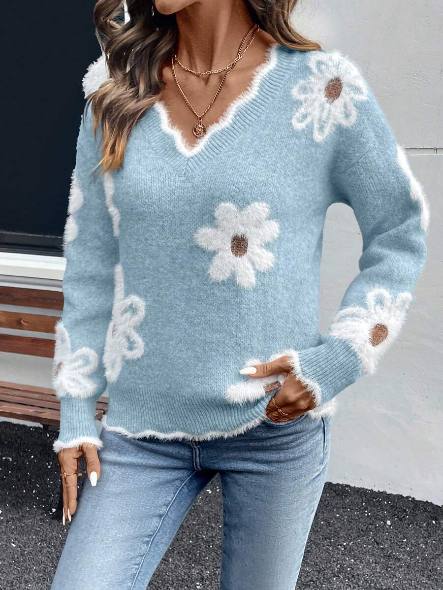 EMERY ROSE Women's Sweater with Elegant Graphic Shell Decoration of  
Faux Fur and Flowers