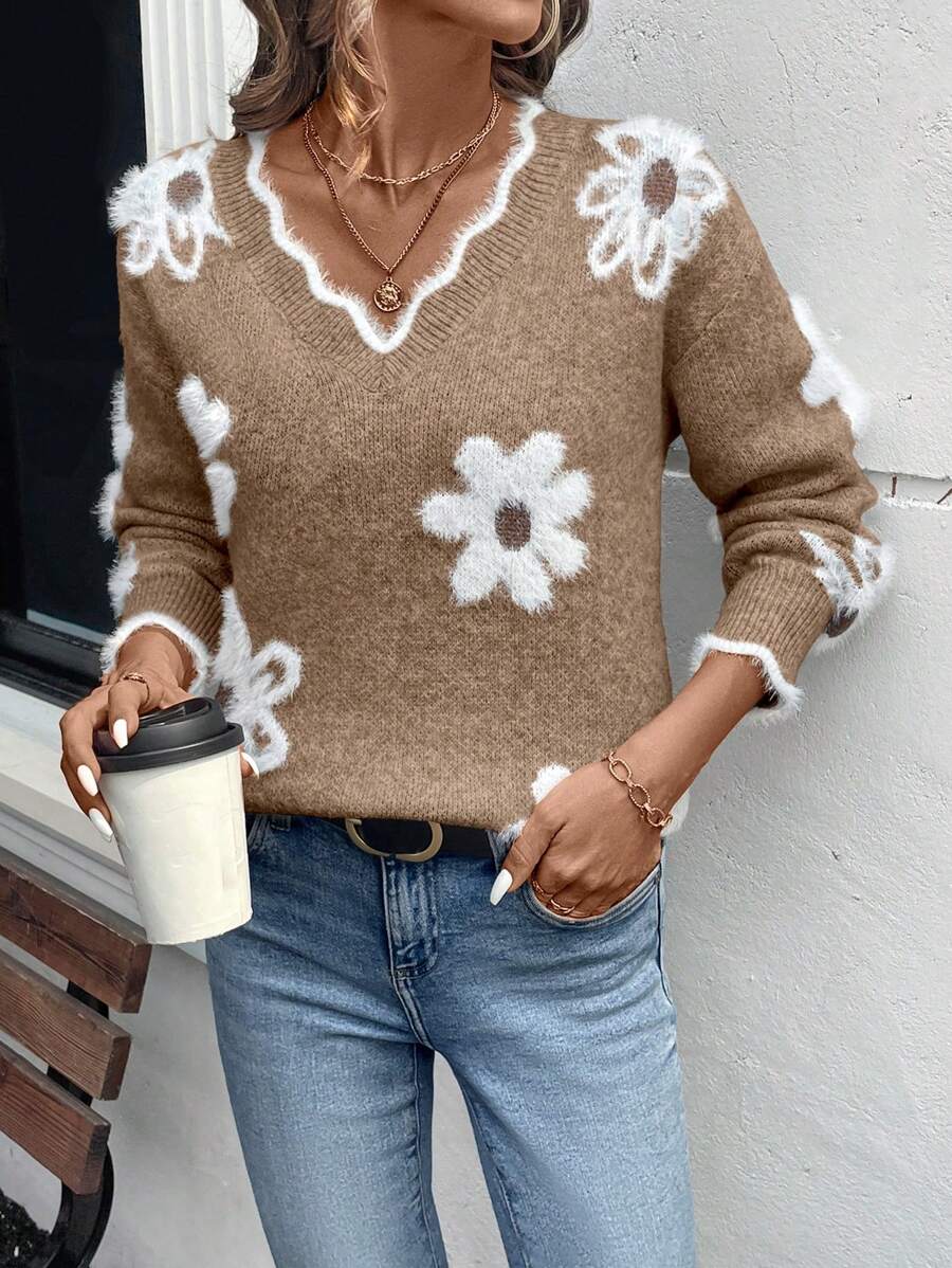 EMERY ROSE Women's Sweater with Elegant Graphic Shell Decoration of  
Faux Fur and Flowers