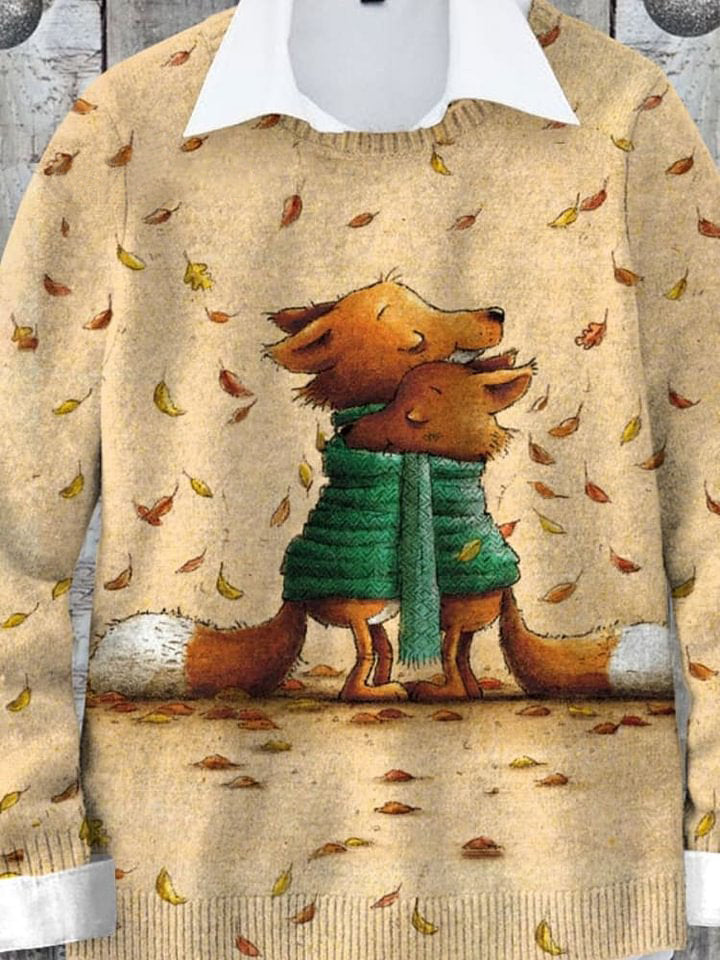 Lovely Fox Cuddle Fall In Love Autumn Art Print Knit Pullover Sweater