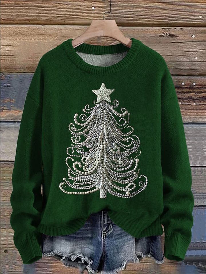 Christmas Tree Jewelry Art Pearls Print Knit Pullover Sweater
