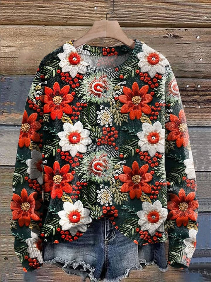 Christmas Red and Green Print Knit Pullover Sweater