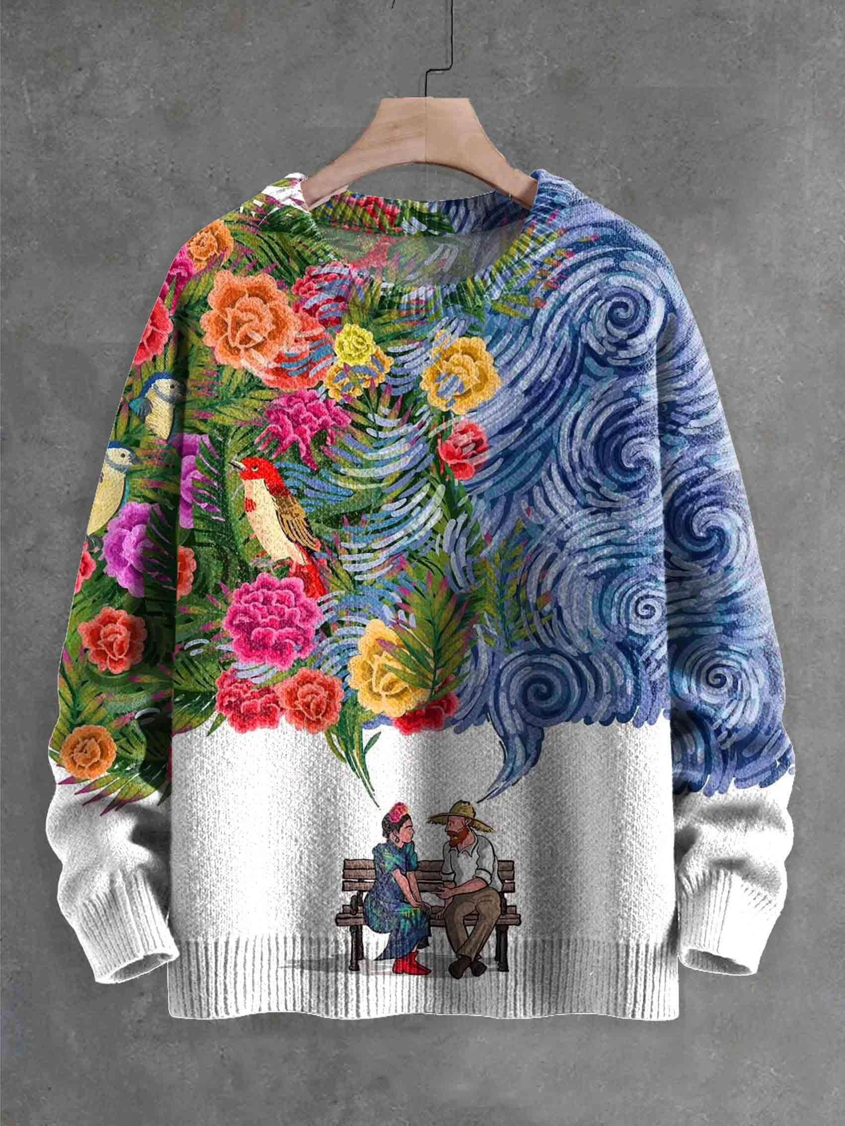 Vintage Frida Kahlo And Vincent Van Gogh Print Knit Pullover Sweater
