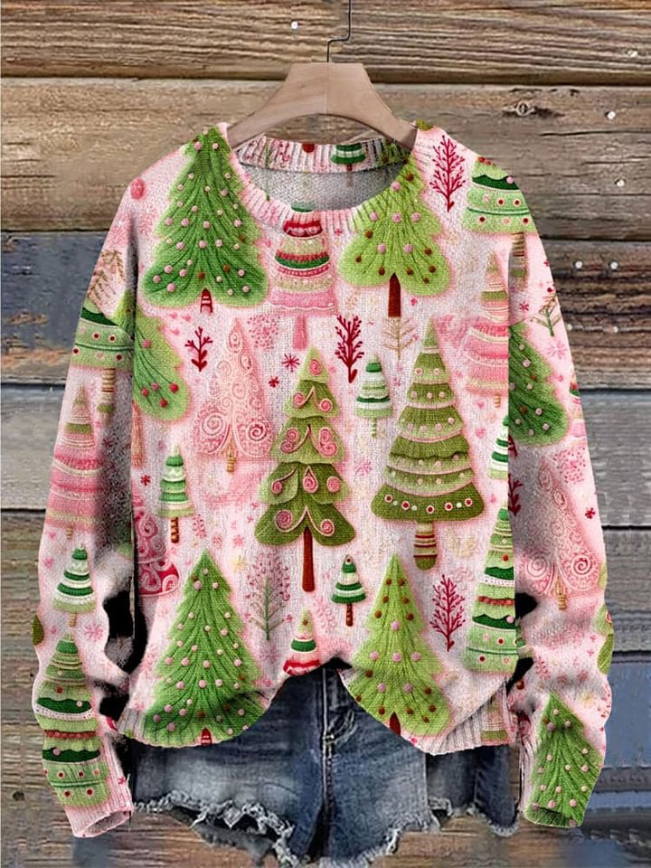 Christmas Tree Art Print Knit Pullover Sweater