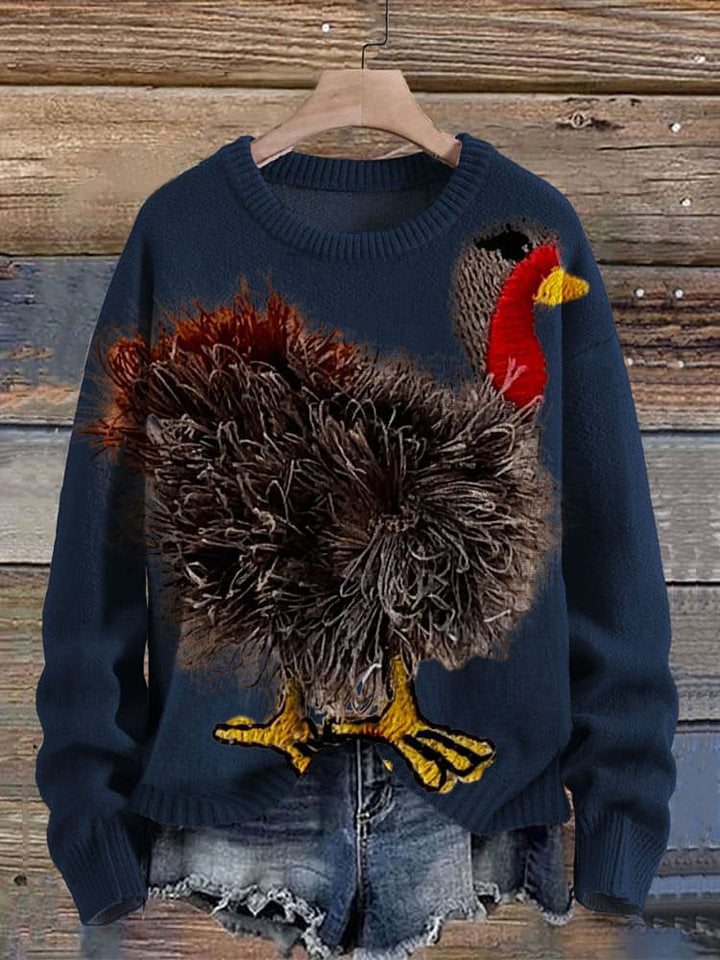Funny Turkey Art Print Knit Pullover Sweater