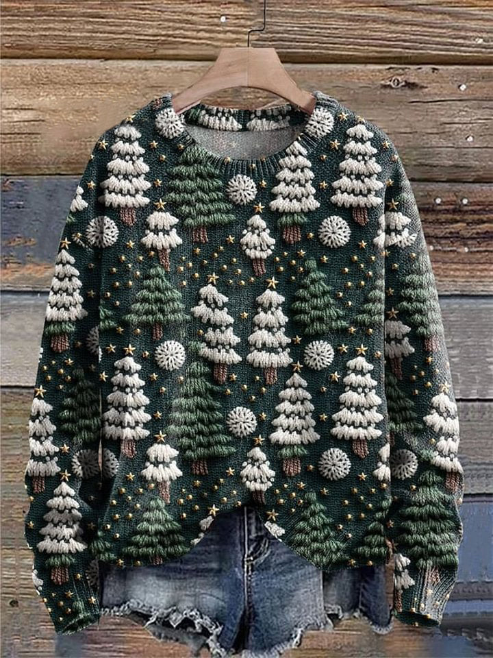 Vintage Christmas Tree Print Knit Pullover Sweater
