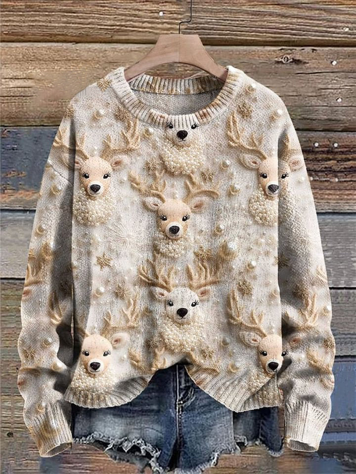 Winter Reindeer Vintage Reindeer White Christmas Ivory Cream Winter Print Knit Pullover Sweater