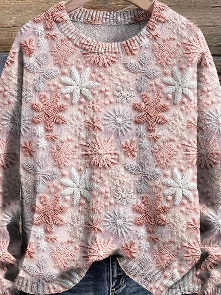 Snowflakes Pink Christmas Pastel Winter Print Knit Pullover Sweater
