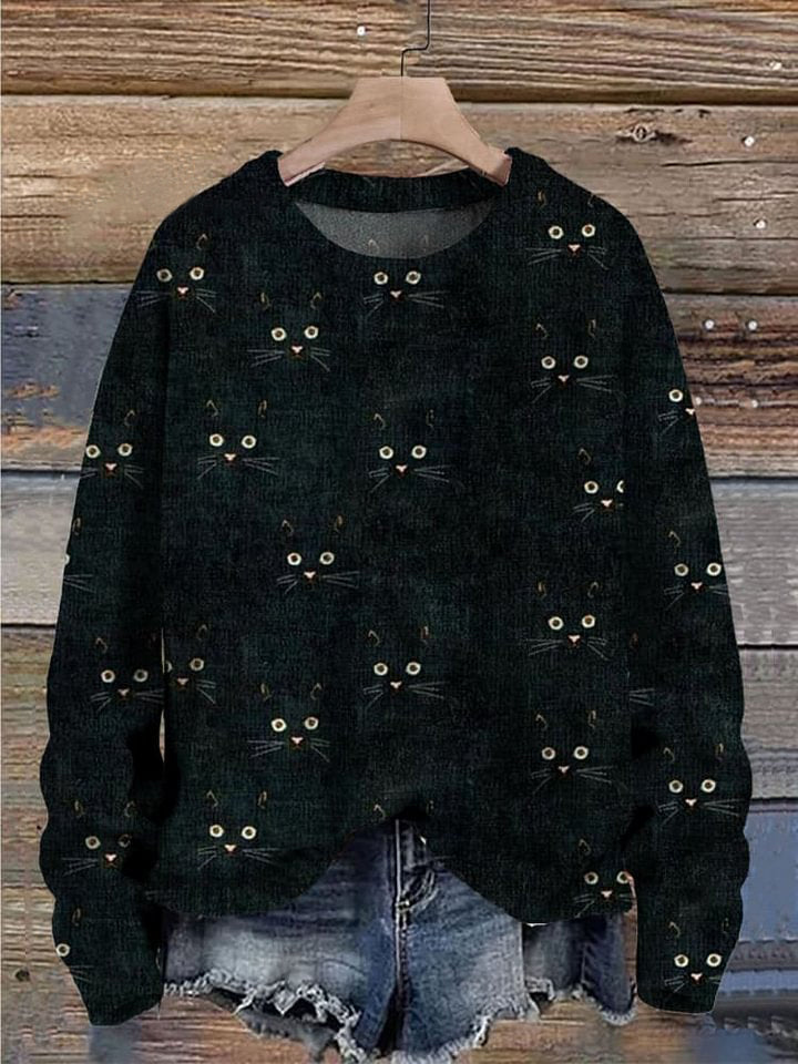 Funny Cats Face Art Pattern Print Casual Knit Pullover Sweater