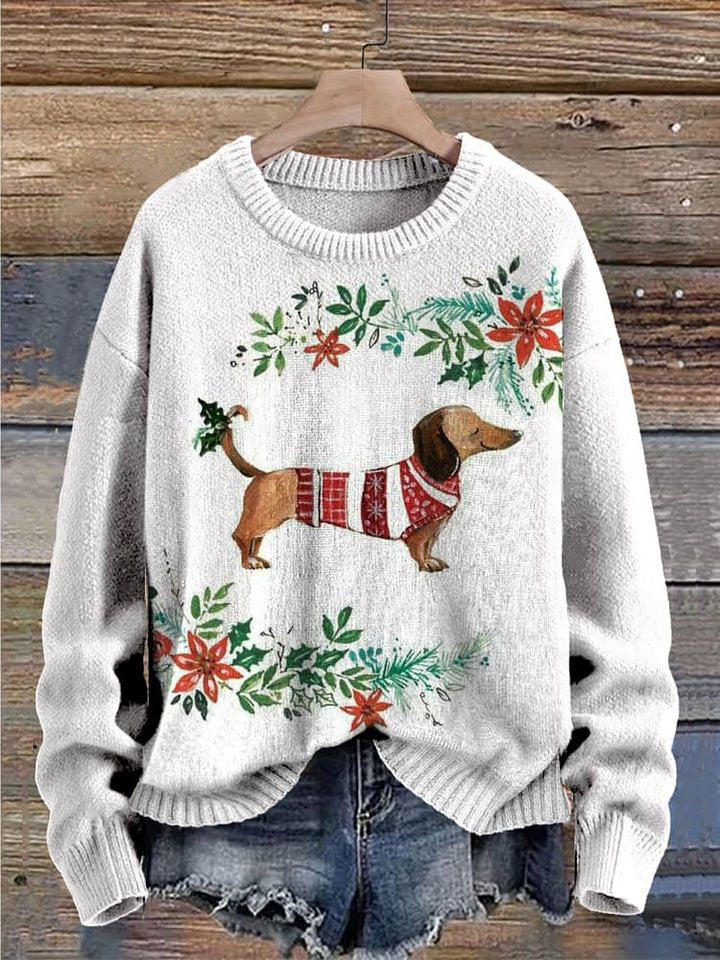 Christmas Dachshund Dog Print Knit Pullover Sweater