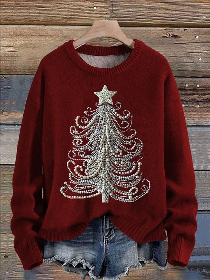 Christmas Tree Jewelry Art Pearls Print Knit Pullover Sweater