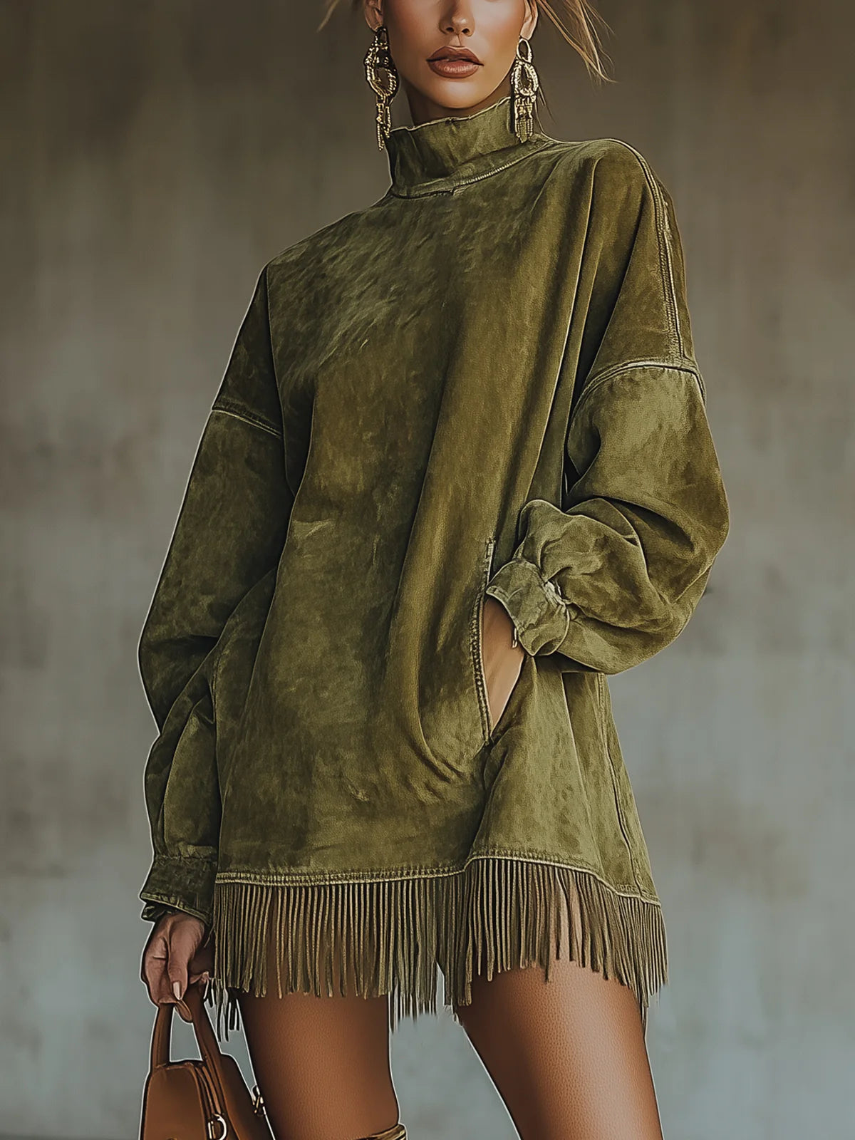 Darcie | Suede Fringe Turtleneck Dress