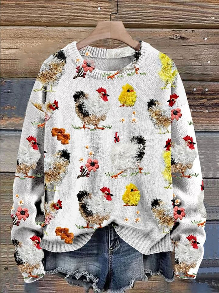 Farm Cute Animals Chicken Embroidery Simulation Print Knit Pullover Sweater