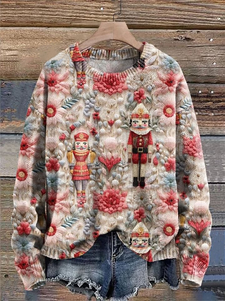 Nutckracker Winter Christmas Print Knit Pullover Sweater