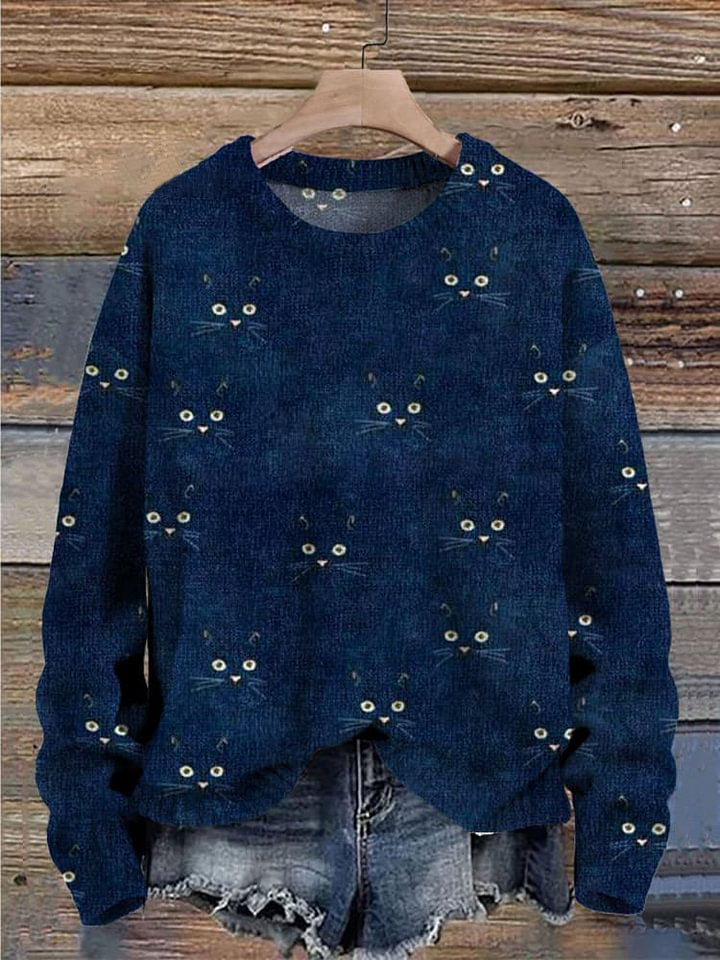 Funny Cats Face Art Pattern Print Casual Knit Pullover Sweater