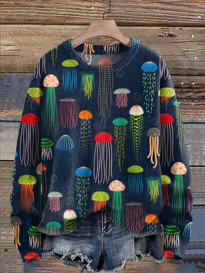 Jellyfish Print Knit Pullover Sweater