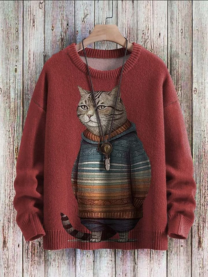 Cute Winter Cat Art Pattern Print Casual Knit Pullover Sweater