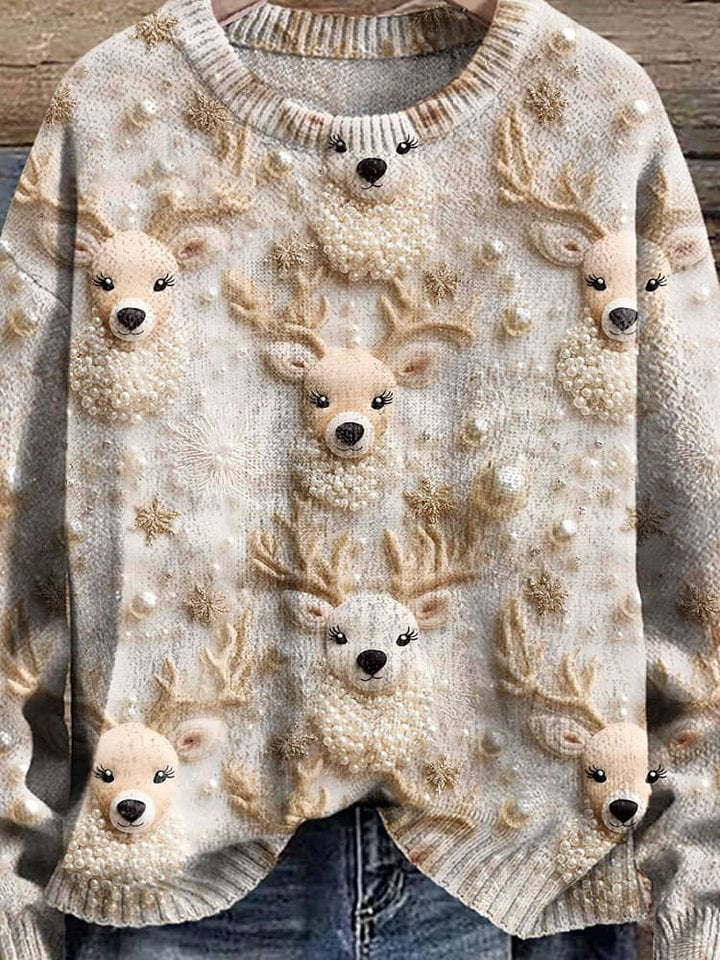 Winter Reindeer Vintage Reindeer White Christmas Ivory Cream Winter Print Knit Pullover Sweater