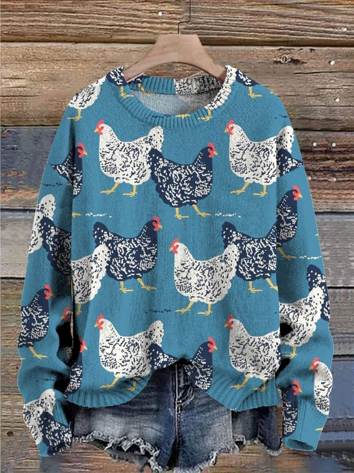 Christmas Cute Chickens Decorations Art Pattern Print Casual Knit Pullover Sweater