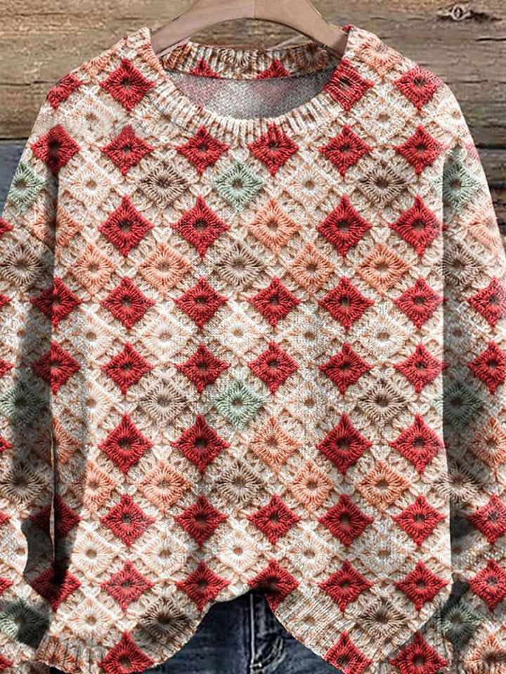 Christmas Diamond Loop Pattern Print Knit Pullover Sweater