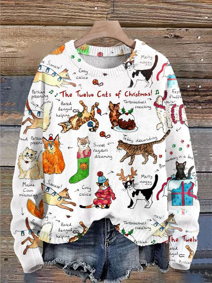 The Twelve Cats Of Christmas  Funny Cat Christmas Print Knit Pullover Sweater
